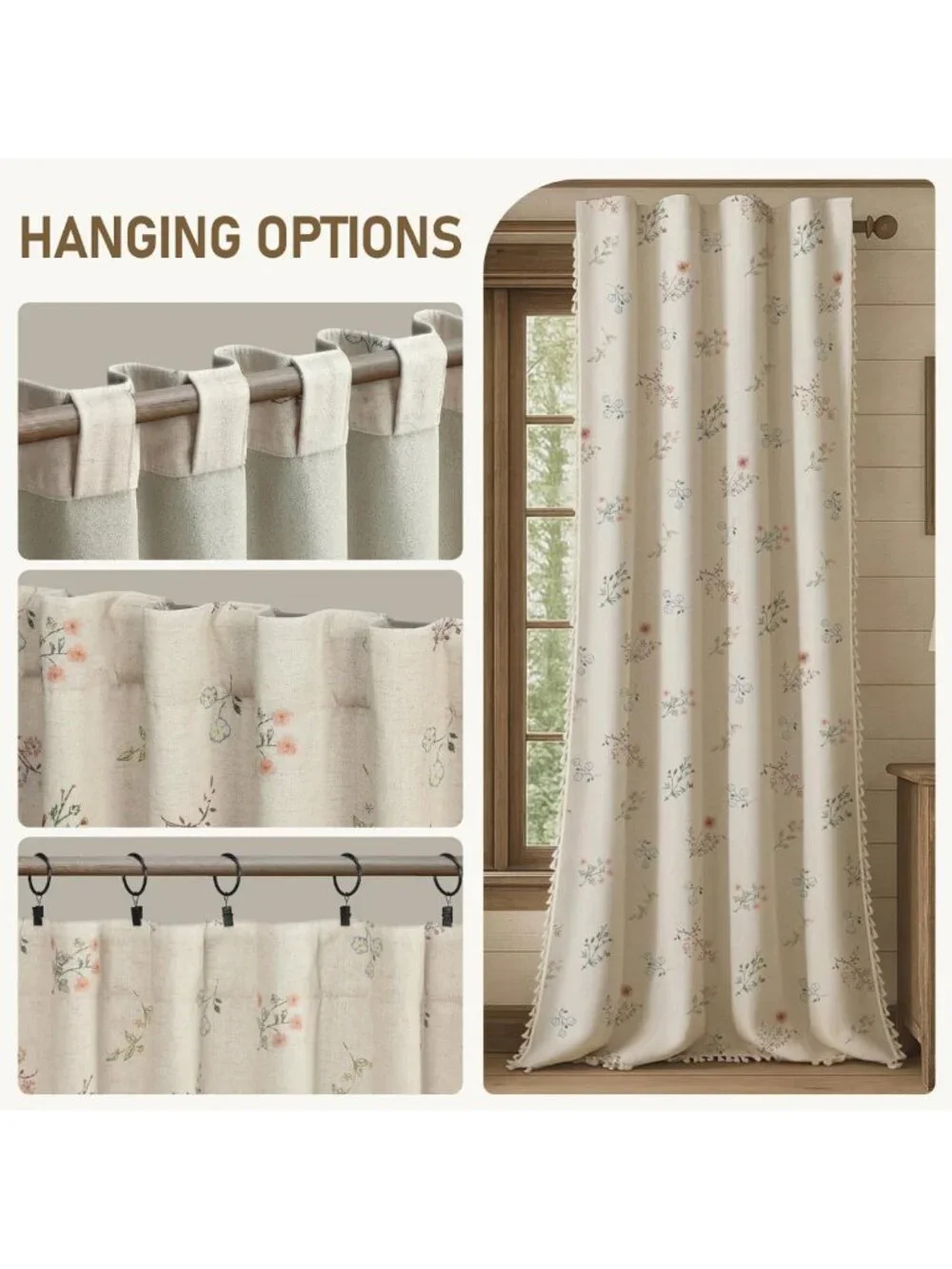Boho Floral 100% Blackout Curtains, 84-Inch Linen Texture, 2 Panels for Privacy